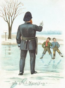 Polizist schimpft Jungen, Neujahrskarte