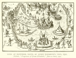 Teich in Elvetham, Hants, beim Besuch von Königin Elizabeth, 1591 von English School