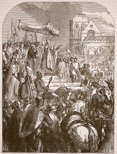 Papst Urban II. predigt den Ersten Kreuzzug auf dem Marktplatz von Clermont, 1096, Illustration aus Cassells Illustrierter Geschichte Englands