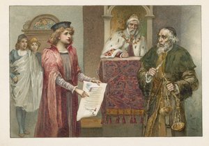 Portia, Shylock und der Richter in Der Kaufmann von Venedig von English School