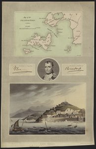 Porträt von Napoleon Bonaparte mit einer Karte und einer Ansicht von Elba von English School