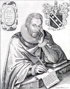 Porträt von Sir Thomas Overbury (1581-1613), der sein Epitaph schreibt, graviert von Renold Elstrack 1613 von English School