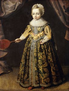 Porträt eines Jungen, 3 Jahre alt, in einem grünen Kleid mit Goldstickerei, einer Spitzenkappe und einer Halskrause, hält einen Federballschläger und einen Federball, 1605 von English School
