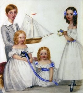 Porträt von vier Kindern mit einem Segelboot und einem Kätzchen, ca. 1830 von English School