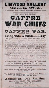 Plakat, das einen Vortrag über Caffre-Kriegshäuptlinge in der Linwood Gallery bewirbt