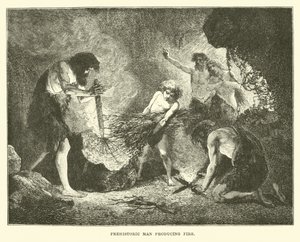 Prähistorischer Mensch erzeugt Feuer von English School