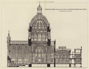 Prämiertes Design, Schnitt von vorne nach hinten Neues Parlamentshaus Berlin (Gravur) von English School