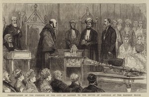 Verleihung der Freiheit der Stadt London an den Seyyid von Sansibar im Mansion House (Gravur) von English School