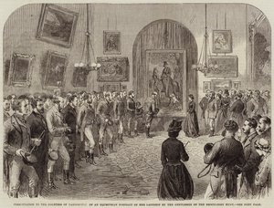 Übergabe eines Reiterporträts der Gräfin von Yarborough durch die Herren der Brocklesby Hunt von English School