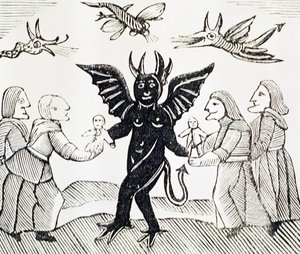 Kinder dem Teufel vorstellen, Kopie einer Illustration aus The Witch of the Woodlands verwendet in einer Sammlung von Chapbooks über Esoterik