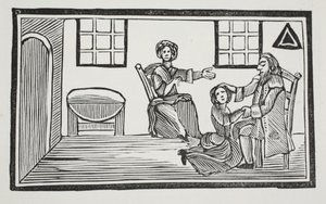Die hübsche Bessie erhält den Segen ihres Vaters, als sie sich ihren Lebensunterhalt sucht, Illustration aus Chap-books des achtzehnten Jahrhunderts von John Ashton, veröffentlicht 1882 von English School