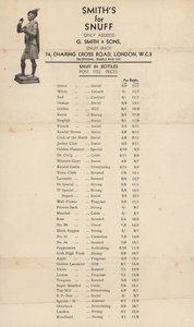 Preisliste für G Smith & Sons, Schnupftabakladen von English School