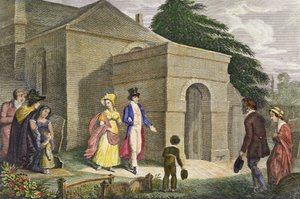 Prinzessin Charlotte Augusta von Wales (1796-1817) und Prinz Leopold von Sachsen-Coburg-Gotha (1790-1865) auf dem Weg zur Kirche in Esher von English School