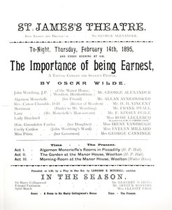 Programm für eine Aufführung von The Importance of Being Earnest, von Oscar Wilde, im St. James Theatre, 14. Februar 1895 von English School