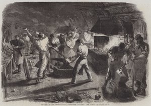 Fortschritt des Internationalen Ausstellungsgebäudes, die Schmiede (Stich) von English School