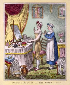 Fortschritt der Toilette - Die Korsetts Platte 1, veröffentlicht von McCleary, London, 1810 (handkolorierte Gravur)