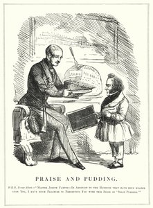 Lob und Pudding: Prinz Albert belohnt Joseph Paxton für die Gestaltung des Kristallpalastes zur Unterbringung der erfolgreichen Großen Ausstellung von 1851 im Hyde Park, London (Stich) von English School