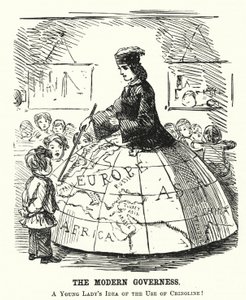 Die moderne Gouvernante - ein weiter Reifrock als Geographie-Lehrmittel (Stich) von English School