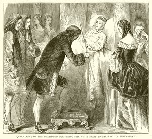 Königin Anne auf ihrem Sterbebett übergibt den weißen Stab an den Earl of Shrewsbury von English School
