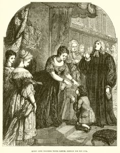 Königin Anne berührt den jungen Samuel Johnson wegen des Übels von English School