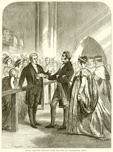 Königin Caroline von der Tür der Westminster Abbey zurückgewiesen von English School