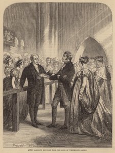 Königin Caroline wird von der Tür der Westminster Abbey abgewiesen von English School