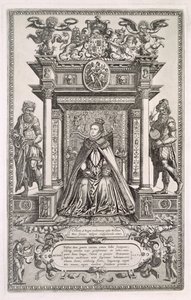 Königin Elizabeth I. (1533-1603) als Schirmherrin der Geographie und Astronomie, Frontispiz zu einem Buch sächsischer Karten von England, 1579