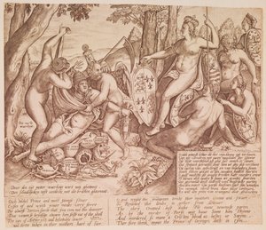 Königin Elisabeth I. von England als Göttin Diana, sitzend im Urteil über Papst Gregor XIII. von English School
