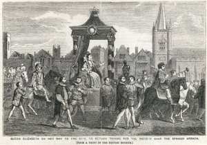 Königin Elisabeth I. auf dem Weg in die Stadt, um für den Sieg über die spanische Armada zu danken von English School