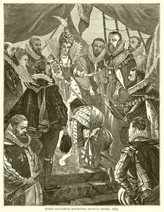 Königin Elisabeth schlägt Francis Drake zum Ritter, 1585 von English School