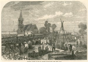 Eisenbahnarbeiten auf dem alten Friedhof der St. Pancras Kirche, London von English School
