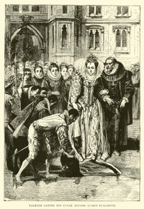 Raleigh legt seinen Mantel vor Königin Elisabeth aus von English School