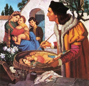Raffael malt Madonna und Kind auf einem Weinfass von English School