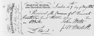 Quittung über die Zahlung an das Asyl von Sir Jonathan Miles in Hoxton House, 1832 von English School