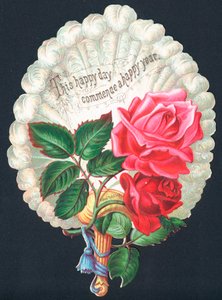 Rote Rosen auf Fächer, Neujahrskarte von English School