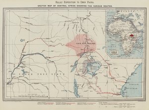Rettungsexpedition zu Emin Pascha, Skizzenkarte von Zentralafrika mit den verschiedenen Routen (Farblithographie) von English School