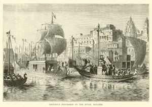 Religiöse Prozession auf dem Fluss, Benares von English School