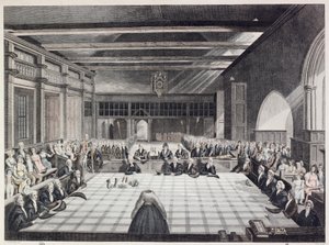 Darstellung der Zeremonie der Übergabe der Sheriffs von London (farbiger Stich) von English School