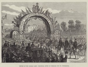 Rückkehr der russischen Armee, Triumphaler Einzug der Kosaken in St. Petersburg (Gravur) von English School
