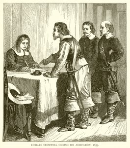 Richard Cromwell unterzeichnet seine Abdankung, 1659 von English School