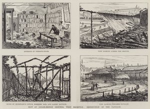 Aufruhr auf dem Lillie-Bridge-Gelände, West Brompton, Zerstörung des Pavillons (Gravur) von English School