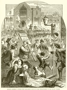 Aufruhr vor dem Parlament bei der Einführung des Verbrauchssteuerplans von English School