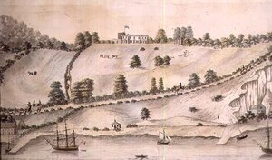 Flusslandschaft mit Schiffen und der Dover-Kutsche, ca. 1800 (Feder und Tinte) (Paar von 72976)