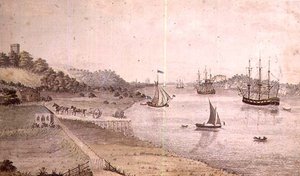Flusslandschaft mit Schiffen und der Dover-Kutsche, ca. 1800 von English School