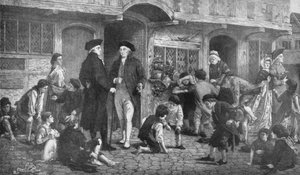 Robert Raikes, der Gründer der Sonntagsschulen, und das Haus, in dem die erste Sonntagsschule stattfand