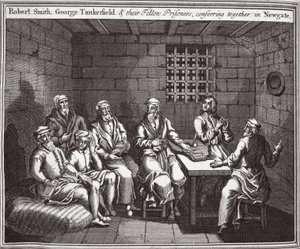 Robert Smith, George Tankerfield und ihre Mitgefangenen, die in Newgate miteinander konferieren, Illustration aus Foxes Märtyrer, ca. 1703 von English School