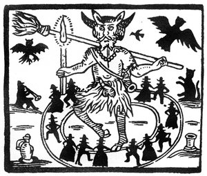 Robin Goodfellow, dargestellt als Priapus mit Ziegenhörnern, erigiertem Penis und umgeben von einem Kreis tanzender Verehrer von English School