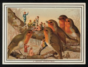 Rotkehlchen und eine Gruppe von Darstellern, Weihnachtsgrußkarte von English School