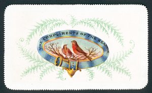 Rotkehlchen sitzen im Oval mit Farnumrandung, Weihnachtskarte von English School