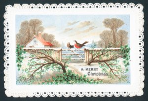 Rotkehlchen sitzen auf Tor, Weihnachtskarte von English School